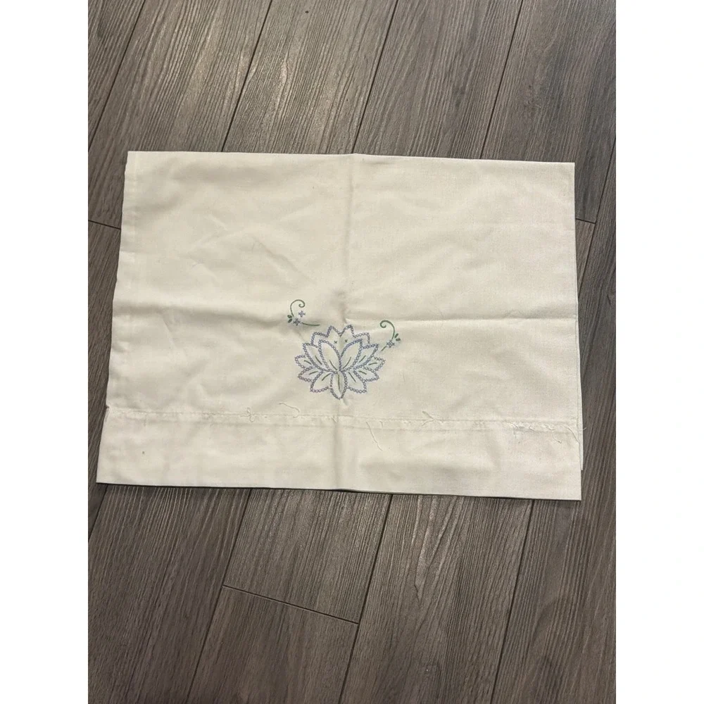 Vintage Hand Embroidered Single Pillowcase Blue Lotus Flower Cottagecore Bedding